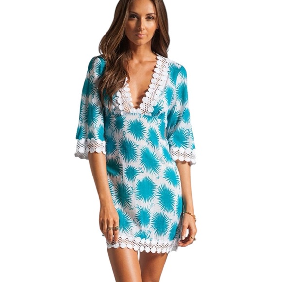Milly Aster Print Polynesian Dress in Aqua & White Size Large - Picture 1 of 10